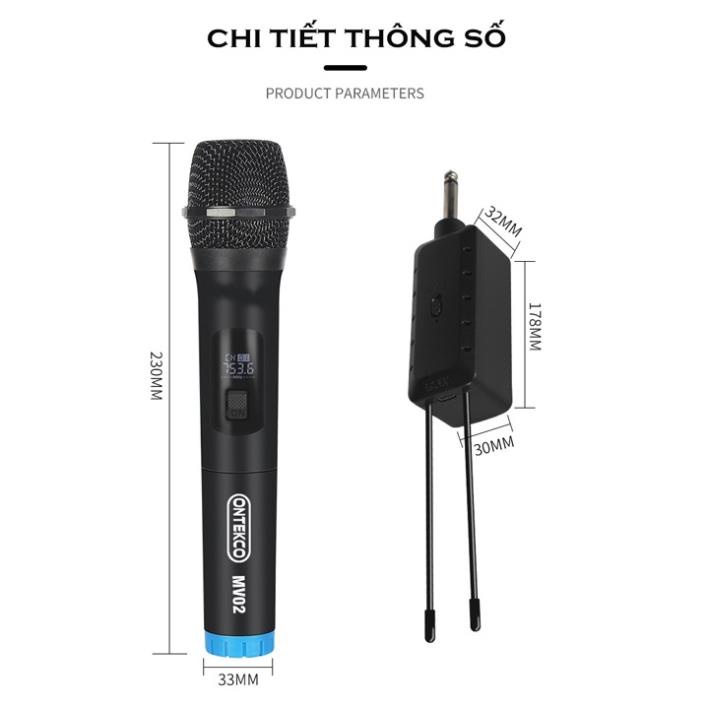 Trọn Bộ 2 Micro không dây cao cấp Ontekco Mv02 đa năng dùng mọi loại loa, amply CHÍNH HÃNG