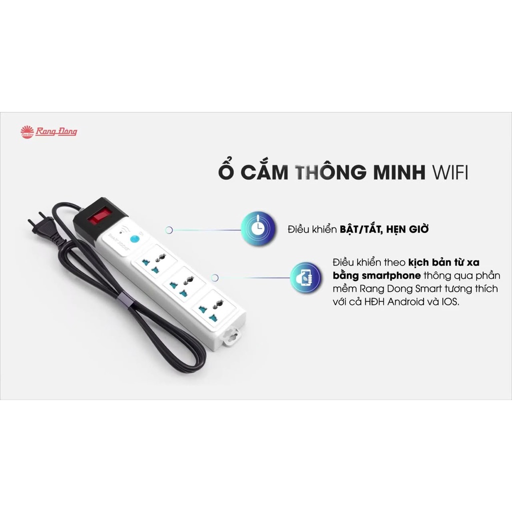 Ổ Cắm Điện WIFI Thông Minh Rạng Đông dây dài 3m 5m, Chống giật, chống xung điện, điều khiển từ xa App RangDongSmart