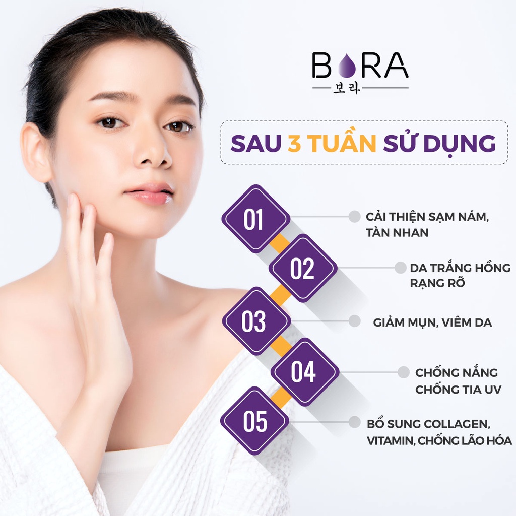 Viên sủi trắng da Hàn Quốc BORA WHITE mờ thâm nám tăng đàn hồi săn chắc da hộp 20 viên - Hàng chính hãng