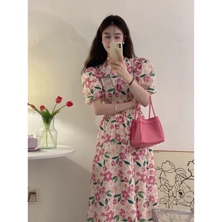 Đầm hoa nhí dáng dài, Váy maxi hoa cổ tròn chun eo phong cách vintage Linzstore