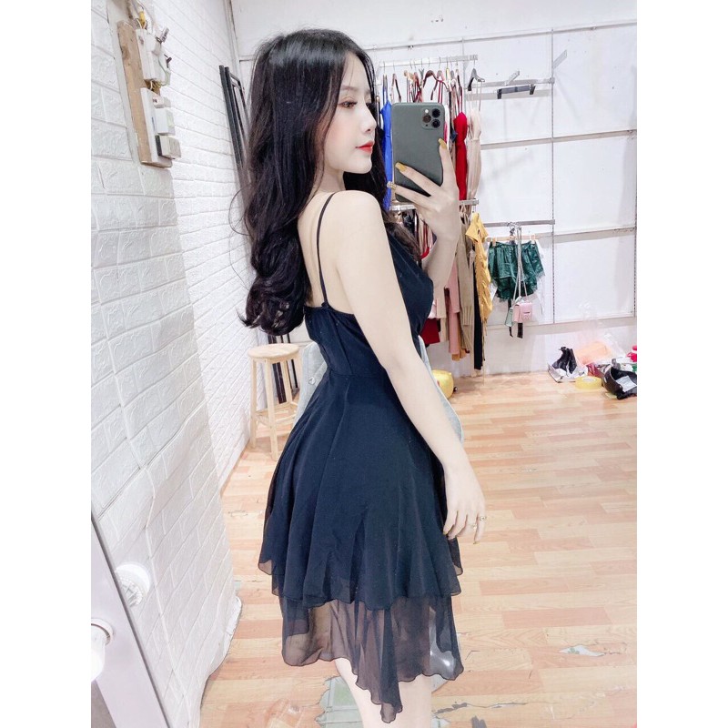 Đầm hai dây đen trắng sexy sang chảnh sweetlady ảnh thật freeship