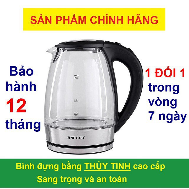 Ấm siêu tốc thủy tinh 2L, bình đun nước HAEGER công suất lớn, nước sôi chỉ 4 phút, làm ấm pha trà sang trọng, tiện lợi.