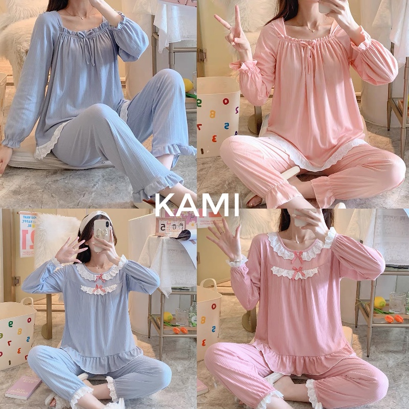 Bộ ngủ pijama, bộ mặc nhà dài tay tiểu thư công chúa cotton ulzzang Hàn quốc
