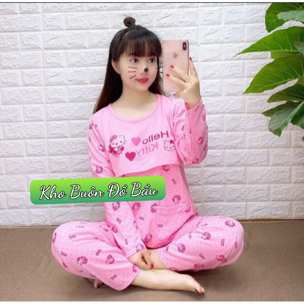 Đồ bộ bầu và sau sinh họa tiết HELLO KITTY vén ngực mặc nhà và cho bé bú BD922