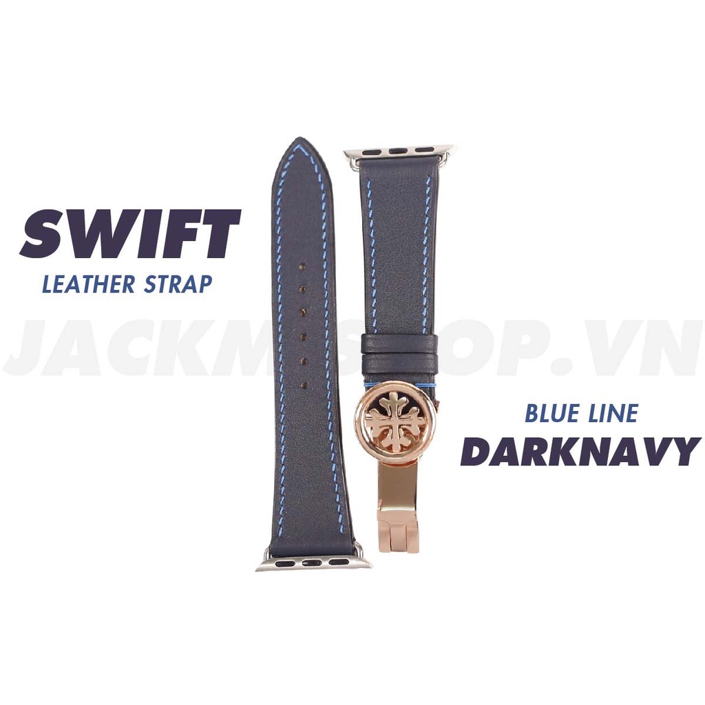 [DÂY DA THẬT] DÂY DA BÊ SWIFT MAY TAY THỦ CÔNG MÀU NAVY CHỈ XANH KHÓA PATEK CHO APPLE WATCH SERIES 1=&gt;6 (BẢO HÀNH 1 NĂM)