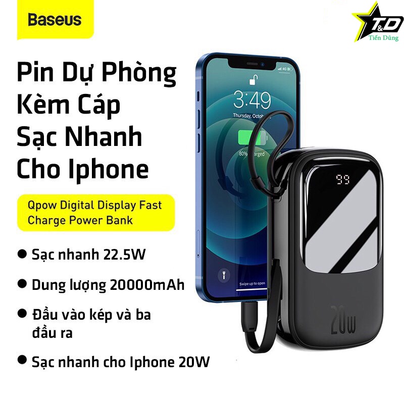 Pin Sạc Dự Phòng Baseus 20000mah PD Sạc Nhanh Tích Hợp Dây Sạc Màn Hình LED Tiện Mang Theo