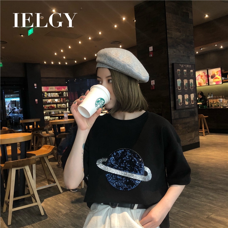 IELGY    Áo Thun Tay Ngắn Dáng Rộng Phong Cách Hong Kong Thời Trang Cho Nữ