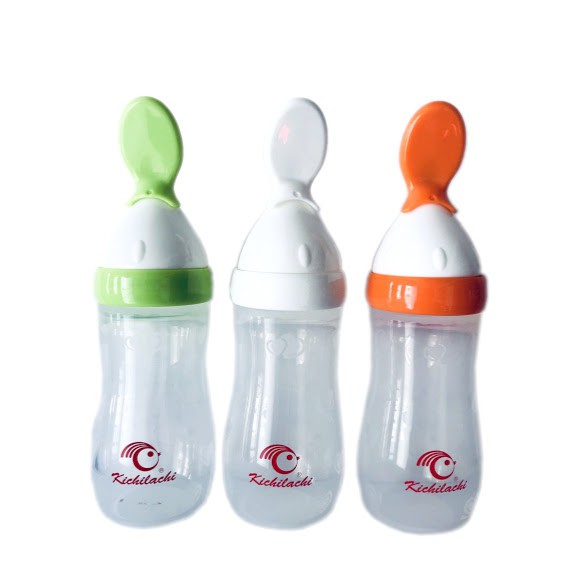 Bình silicone mềm kèm đầu thìa ăn dặm cho bé 125ml Kichi Kichilachi - Đồ dùng ăn dặm