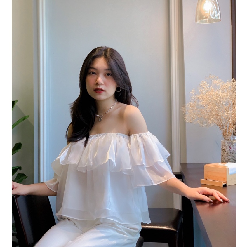 Áo trễ vai tay bồng Linly Store dáng croptop bánh bèo chất tơ mát A-TA