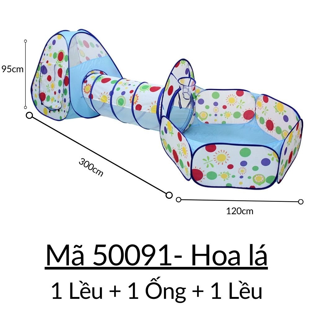 Lều cho bé chơi tự bung gấp gọn gồm Quây + Ống chui + Nhà bóng rổ kiểu khu vui chơi 3 khoang