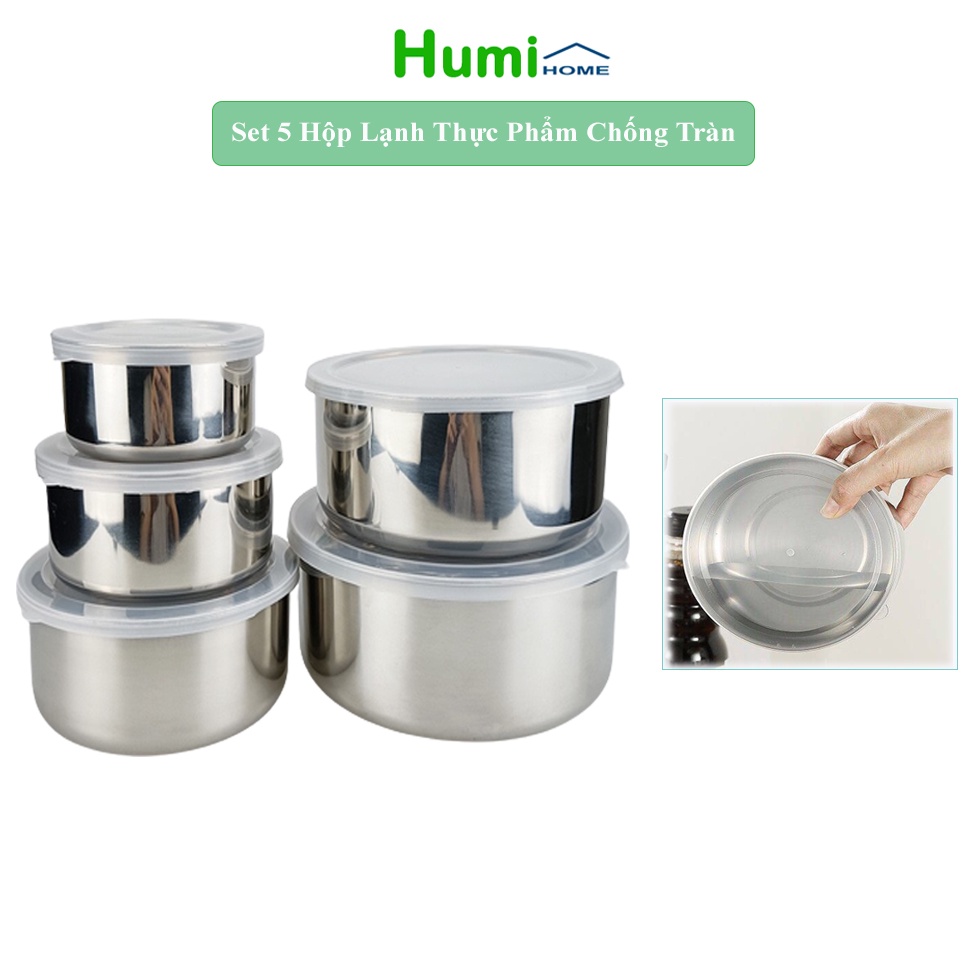 Bộ 5 bát inox đủ kích thước - Hộp đựng thức ăn có nắp để tủ lạnh siêu an toàn, tiện dụng