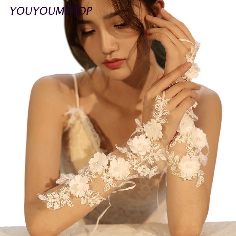 Găng tay dài hở ngón thêu hoa đính ngọc trai giả thời trang cho nữ