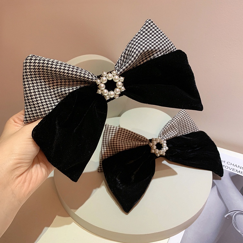 Kẹp Tóc Nơ Vải Nhung Đính Ngọc Trai Phong Cách Vintage