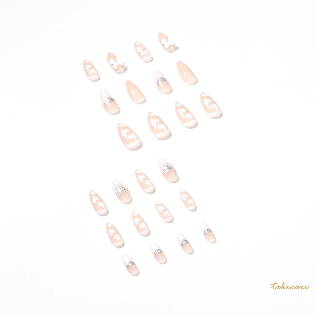 [Hàng mới về] Set 24 móng tay giả đầu nhọn màu trắng in họa tiết trái tim xinh xắn