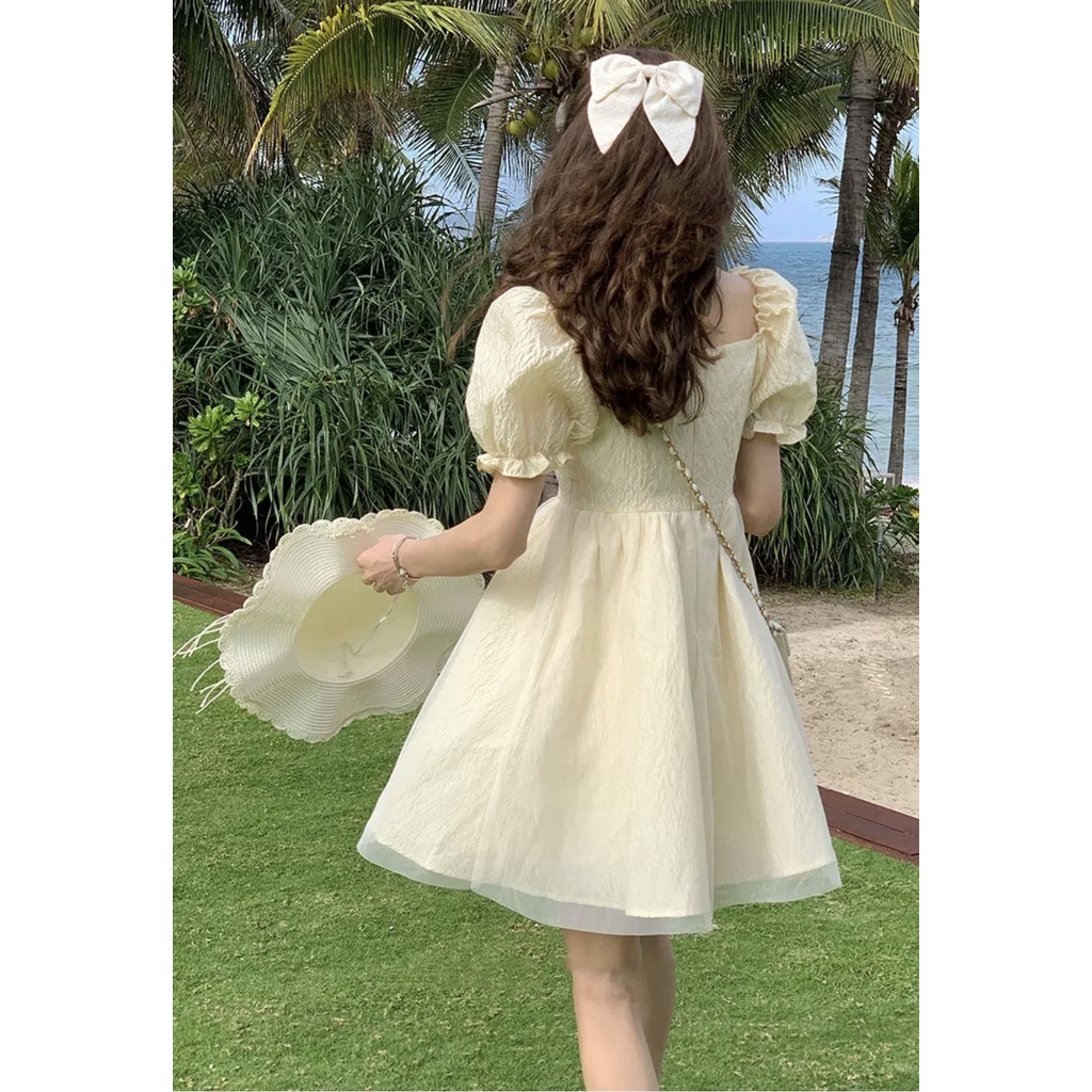 Đầm tay bồng babydoll dáng xòe họa tiết đính nơ kiểu công chúa siêu hot