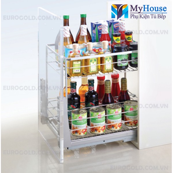 Giá Đựng Gia Vị Chai Lọ Nan Dẹt Inox 304 Ray Giảm Chấn - Kệ Gia Vị Âm Tủ, Gắn Cánh - phụ kiện tủ bếp Eurogold