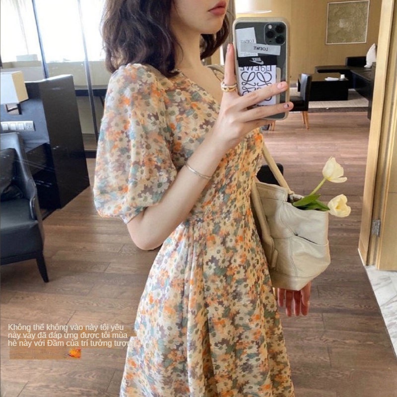 Đầm Chiffon Dáng Chữ A Tay Phồng Cổ Chữ V Họa Tiết Hoa Phong Cách Hàn Quốc Thời Trang Mùa Hè Hàng Mới Dành Cho Nữ 2022