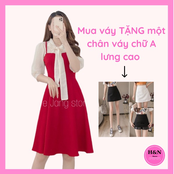 Váy Thiết Kế dáng suông, váy suông phối voan buộc nơ cổ tiểu thư xinh xắn - H&N Store