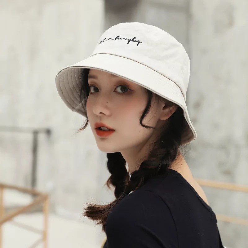 Nón bucket thêu chữ sinh viên Mũ rộng vành chất cotton, đội đứng form, dùng được cho nam và nữ
