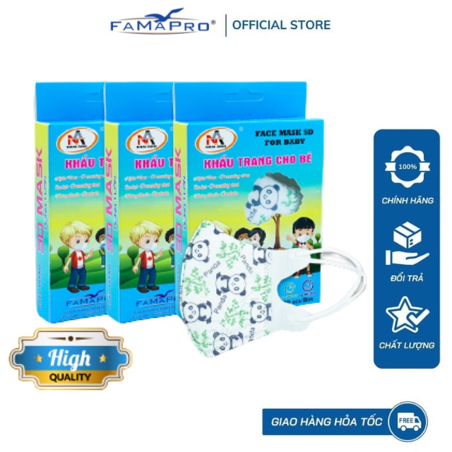 [COMBO 3 HỘP ] Khẩu trang y tế trẻ em 3 lớp kháng khuẩn Famapro 5D BABY QUAI THUN HỘP10 CÁI( bé 8-15kg)