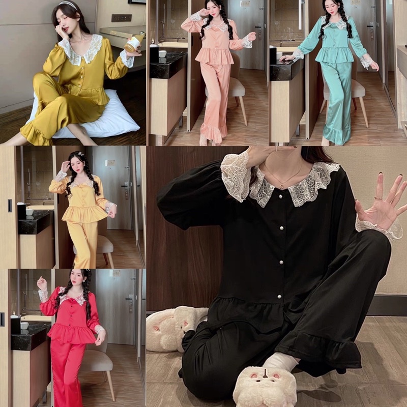 Set đồ bộ pijama mặc nhà LỤA LATIN tay dài quần dài phối bèo ren Tiểu Thư cao cấp sang trọng