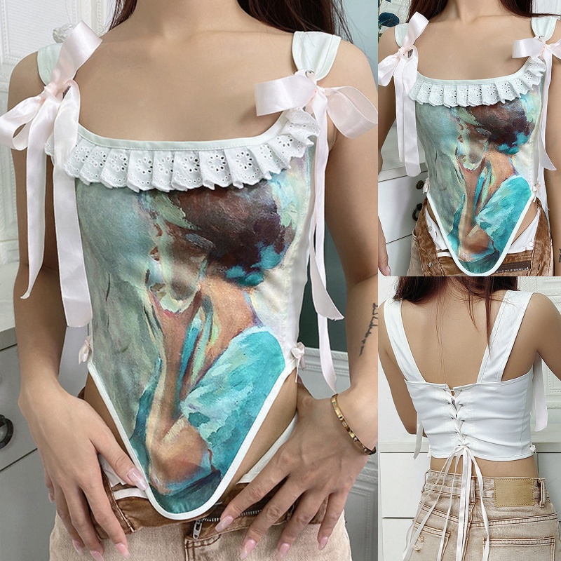 Áo Crop Top Hở Lưng Họa Tiết Tranh Sơn Dầu Cổ Điển Cho Nữ