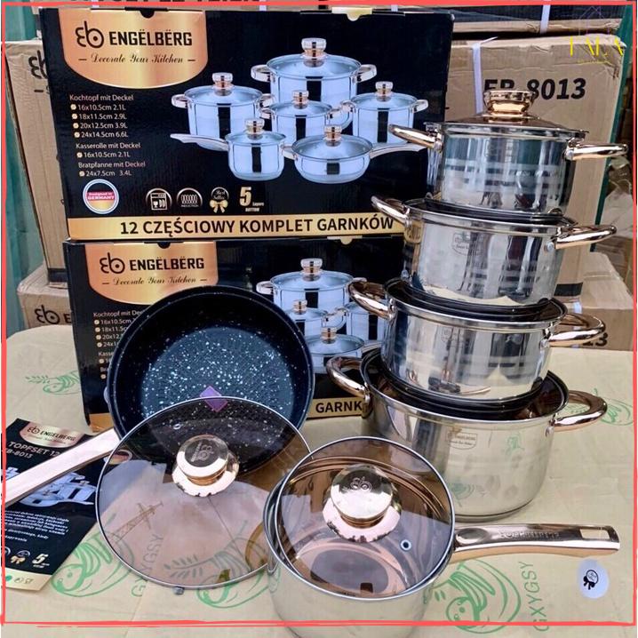 BỘ NỒI ĐỨC 6 MÓN 12 CHI TIẾT ENGELBERG- 5 ĐÁY - ĐUN ĐƯỢC TỪ, HỒNG NGOẠI, GAS..