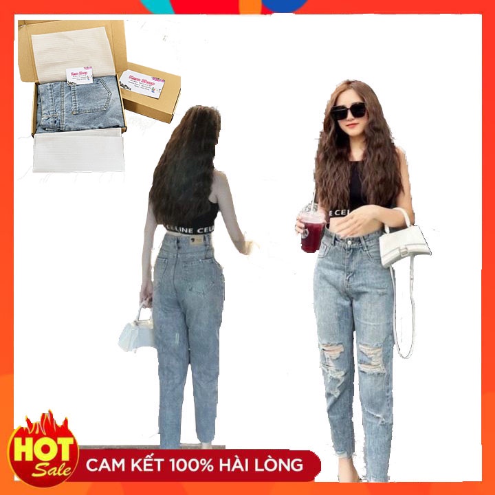 Quần jean baggy, Quần bò nữ basic mài rách màu xanh nhạt hottrend phong cách