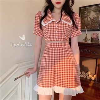 Set caro áo croptop viền trắng mix chân váy #185k