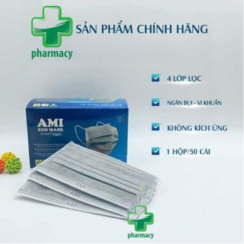 [CHÍNH HÃNG] Khẩu Trang Y Tế AMI Mầu XÁM THAN HOẠT TÍNH -Hộp 50 chiếc - 4 lớp kháng khuẩn . Có Giấy Kiểm Định Của Bộ YTẾ