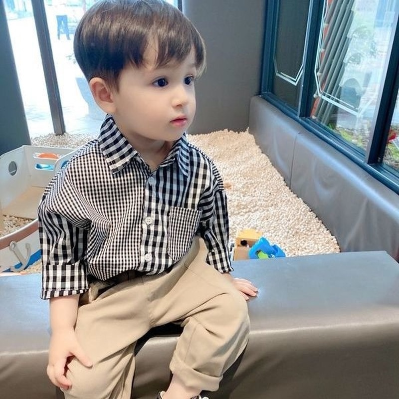 Áo Sơ Mi Cotton Tay Dài Kẻ Sọc Caro Thời Trang Xuân Thu Cho Bé Trai