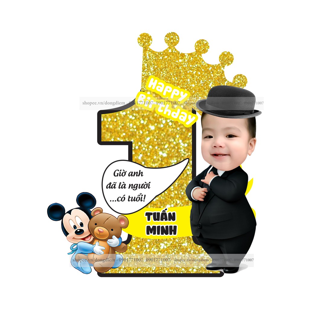 Chibi sinh nhật Mon Party (miễn phí thiết kế) Số tuổi chèn tên bé, chèn hình chibi sinh nhật cho bé cao 40cm