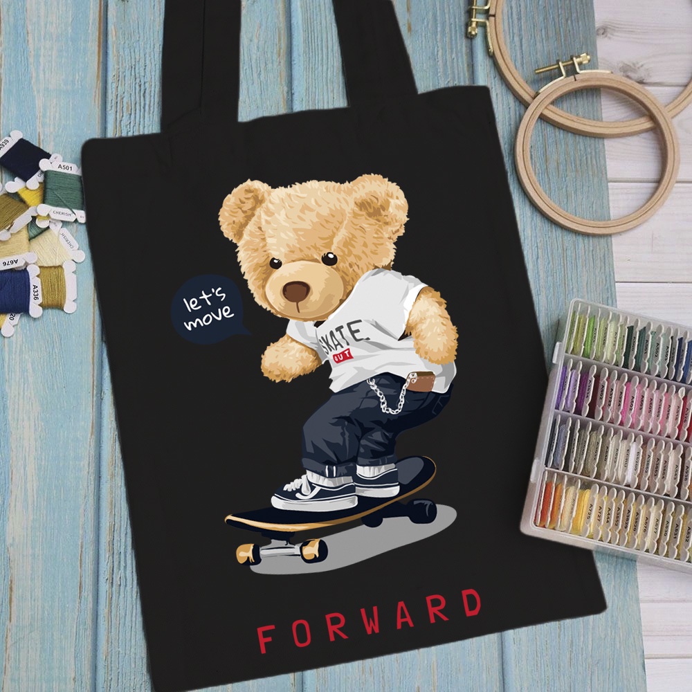 Túi vải, túi Tote (màu đen) TEDDY ART - Mẫu 8 vải canvas dày đẹp cho nữ có khóa miệng đi học đi chơi.