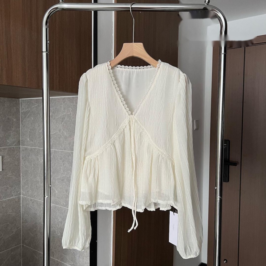 Áo Sơ Mi chiffon Phối Ren Cổ Chữ v Tay Dài Phong Cách Hàn Quốc Mới