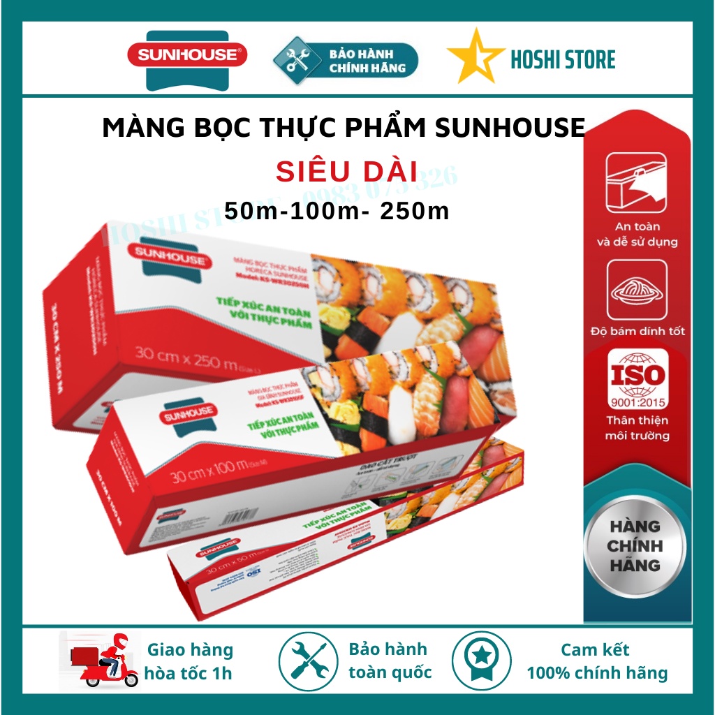 Màng bọc thực phẩm chính hãng SUNHOUSE, Màng bọc PE cao cấp co giãn, an toàn sức khỏe, dùng được trong lò vi sóng