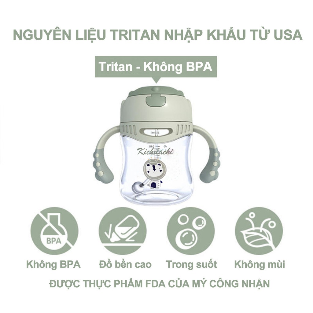 Bình tập uống nước nhựa Tritan Kichilachi 300ml chống sặc, Bình uống nước cho bé từ 6 tháng