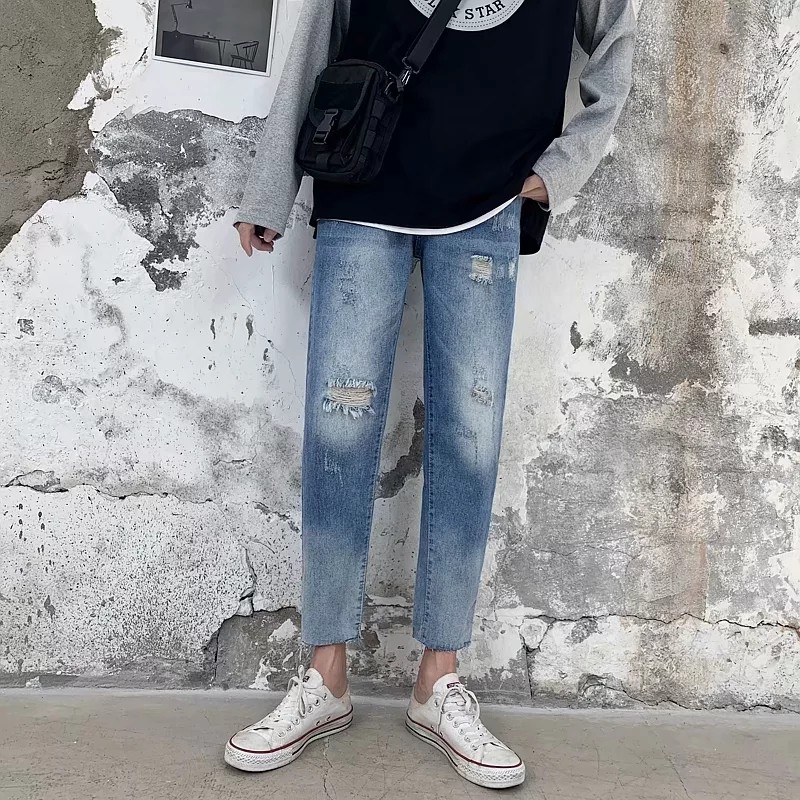 Quần Jeans Xé 9 Tấc Phong Cách Hàn Quốc Cá Tính Dành Cho Nam