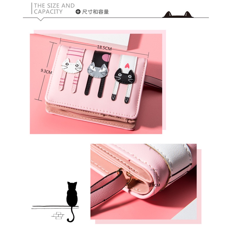 Ví Ngắn Cỡ Lớn Có Khóa Kéo Họa Tiết Mèo Hoạt Hình Phong Cách Hàn Quốc Cho Nữ