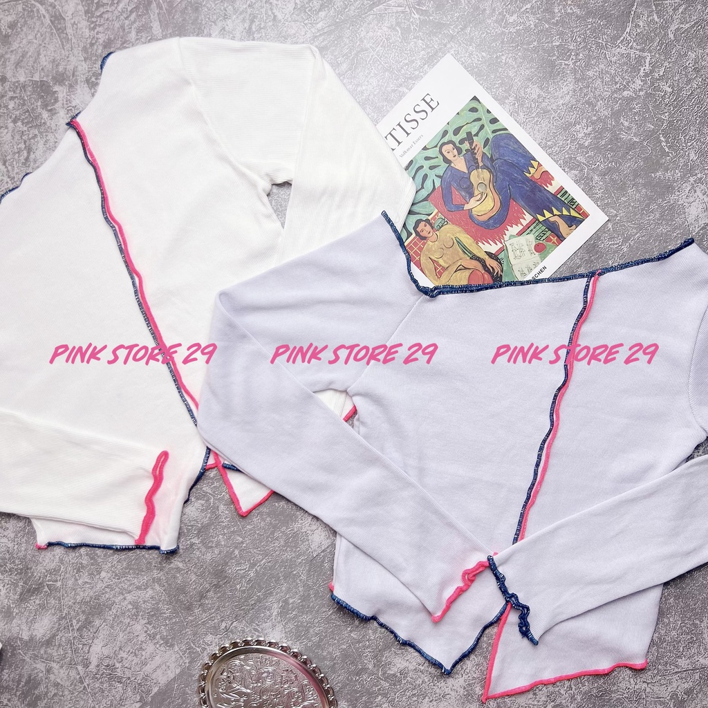 Áo Croptop Lệch Vai Cuốn Biên Viền Chỉ Màu Cá Tính Nổi Bật A5268