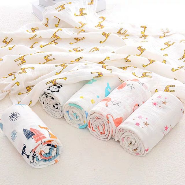 Khăn tắm xô sợi tre muslin cho bé sơ sinh 105x105cm 2 lớp dệt kép họa tiết