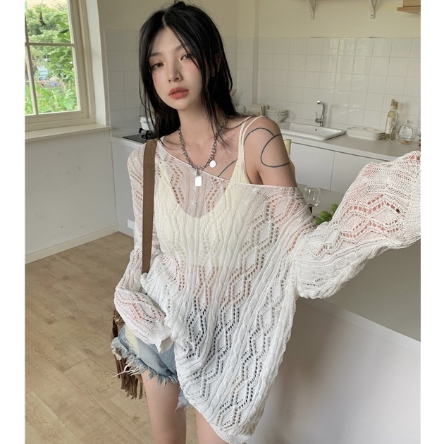 [Hana And Alice] Áo Dệt Kim Tay Dài Dáng Rộng Chống Nắng Thời Trang Đi Biển Trẻ Trung