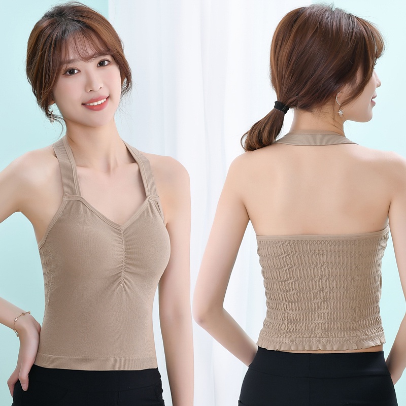 198823 Áo Sát Nách Không Gọng Có Đệm Ngực Dây Đeo Cổ Co Giãn Thiết Kế Xếp Ly Sau Lưng