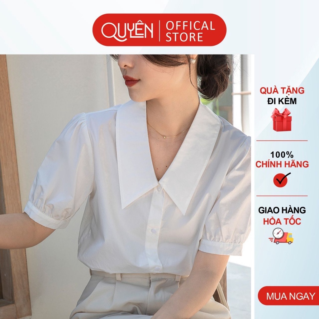 Sơ mi nữ vải thô mát màu trắng, áo thời trang công sở cổ V lá nhọn ngắn tay Quyên fashion AA575