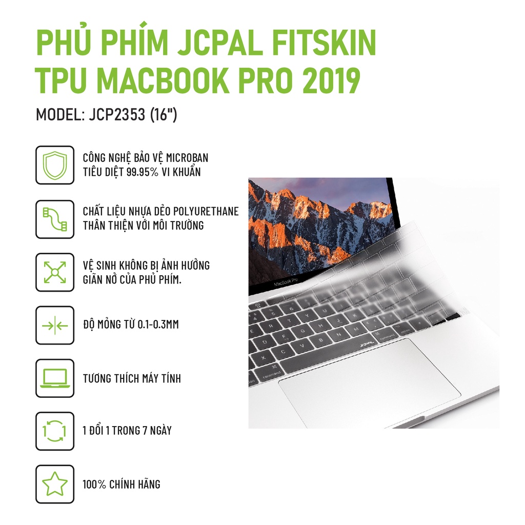 Phủ phím JCPAL Fitskin TPU cho MB Pro 2019 &amp; Surface Pro chống nước, kháng khuẩn