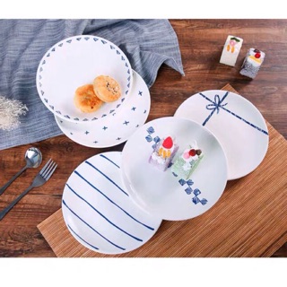 SẴN Đĩa sứ trắng ngộ nghĩnh hoạ tiết xanh cao cấp