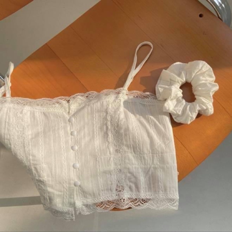 Áo ren hai dây croptop nữ kiểu ngắn kèm áo khoác cardigan len tay dài - Order taobao quảng châu