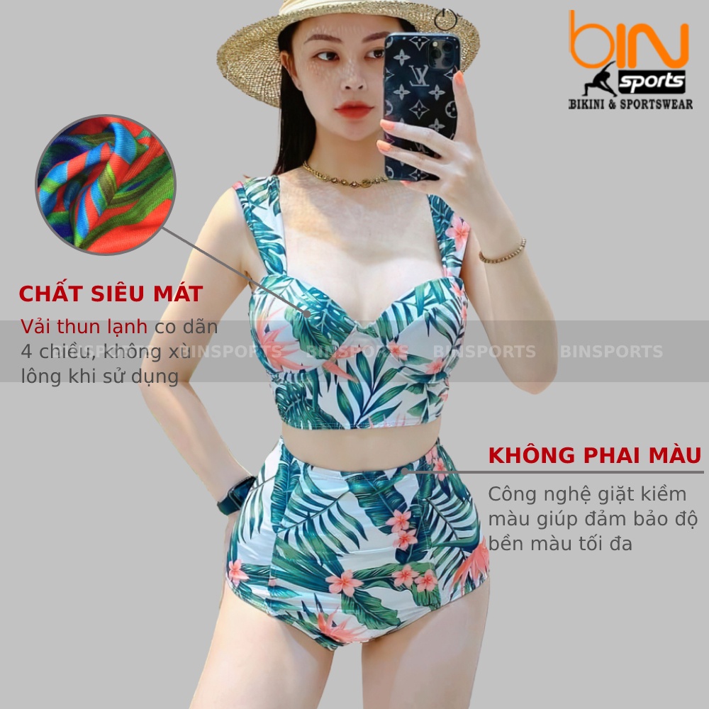 Bikini Nữ 2 Mảnh Quần Cạp Cao Aó Bra Hoa Lá Đẹp Bin Sports BHV090