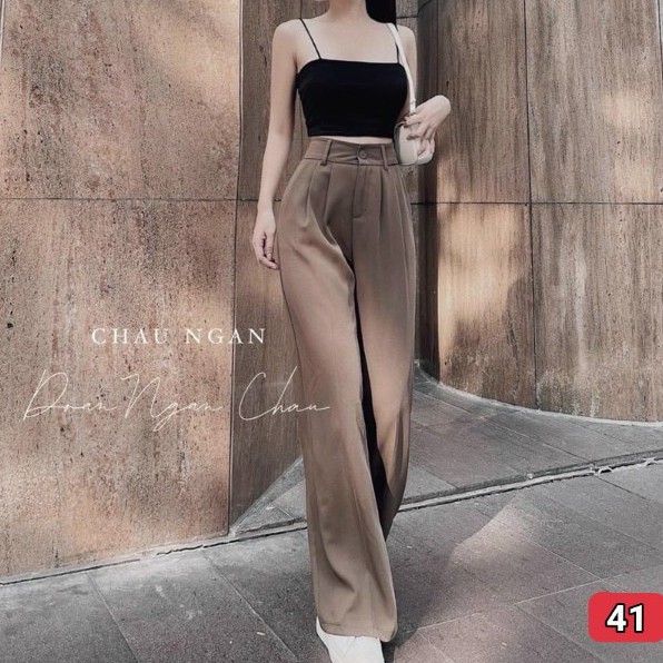 Quần tây nữ ống rộng lưng cao màu nâu nhạt - Dáng suông dài - Chất vải tuyết mưa mềm - Mặc đi chơi đi làm cực xinh