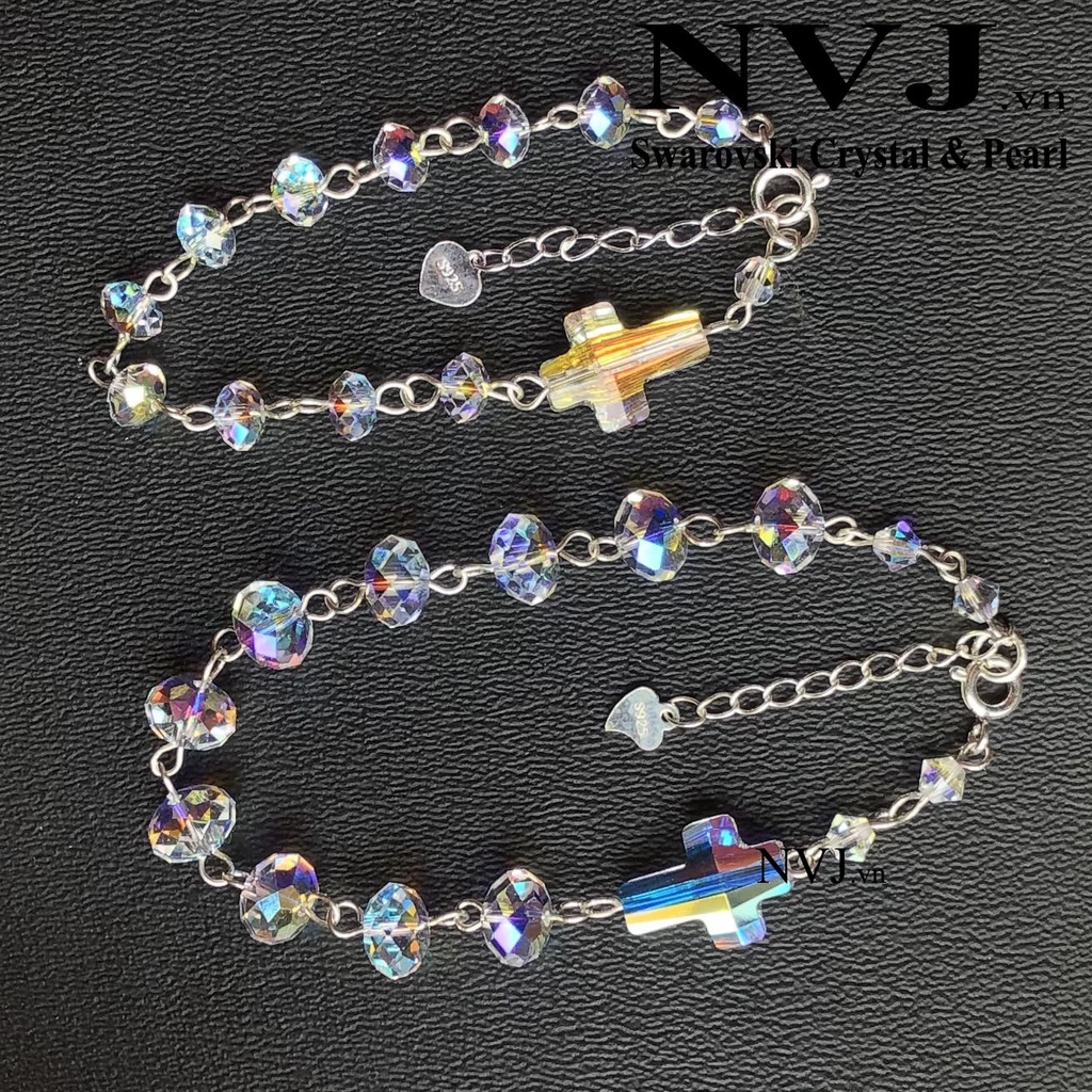 Chuỗi mân côi pha lê Áo Swarovski, hạt bánh cam 6,8ly 5040 001AB, khóa xích bạc 925, chiều dài tùy chọn