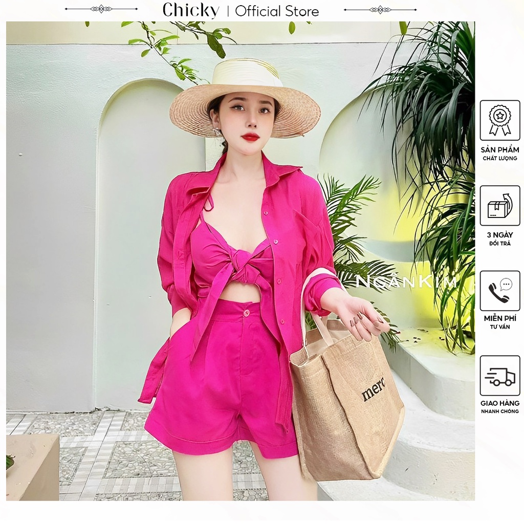 set bộ đồ nữ 3 món áo khoác dài kèm áo bra cột nơ phối cùng quần đùi sang chảnh(có mút)